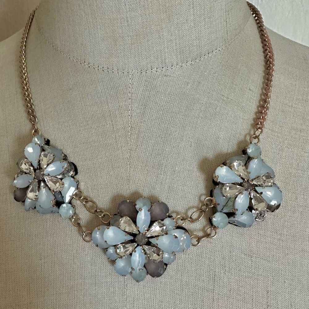 Blue rhinestone flower statement necklace